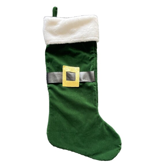 Christmas stocking Santa Belt Buckle Green Velvet Faux Fur Top 20 Inches - Picture 1 of 5